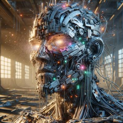 The primary subject of the image is a futuristic robot head with a mix of mechanical and human-like features. The robot head is surrounded by a setting that includes a factory-like environment, with a backdrop of windows and a clock. The visual style of the image is a combination of digital art and illustration, creating a unique and intriguing appearance. The colors and mood of the image are predominantly dark and moody, with a hint of futuristic and industrial vibe.